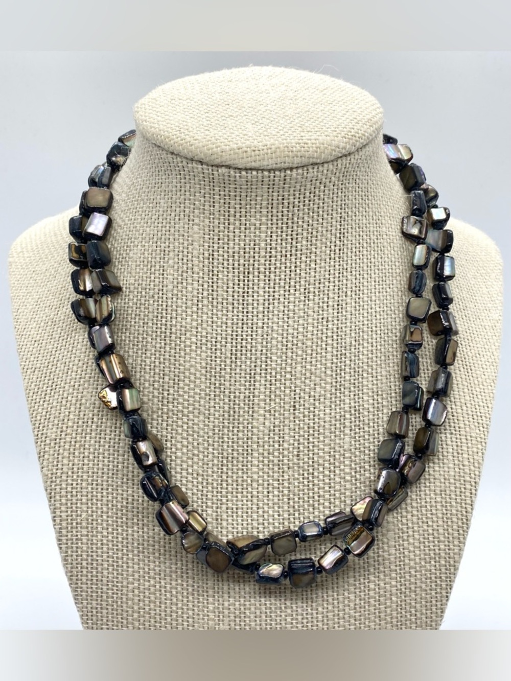 Black Gray Pearl Shell Long Beaded Necklace Boho Whimsigoth Eclectic Maximalist